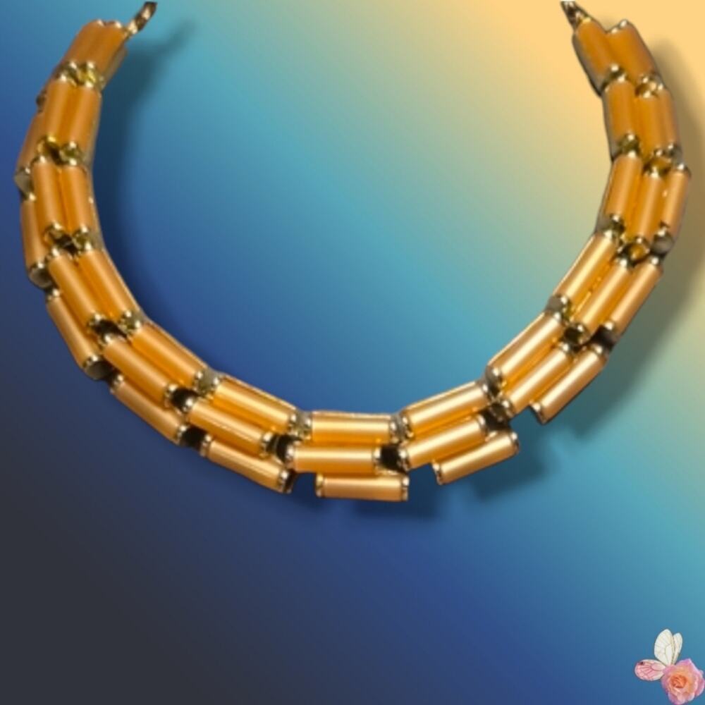 Vintage Signed Chapel Enamel Link Necklace Butterscotch Gold 46